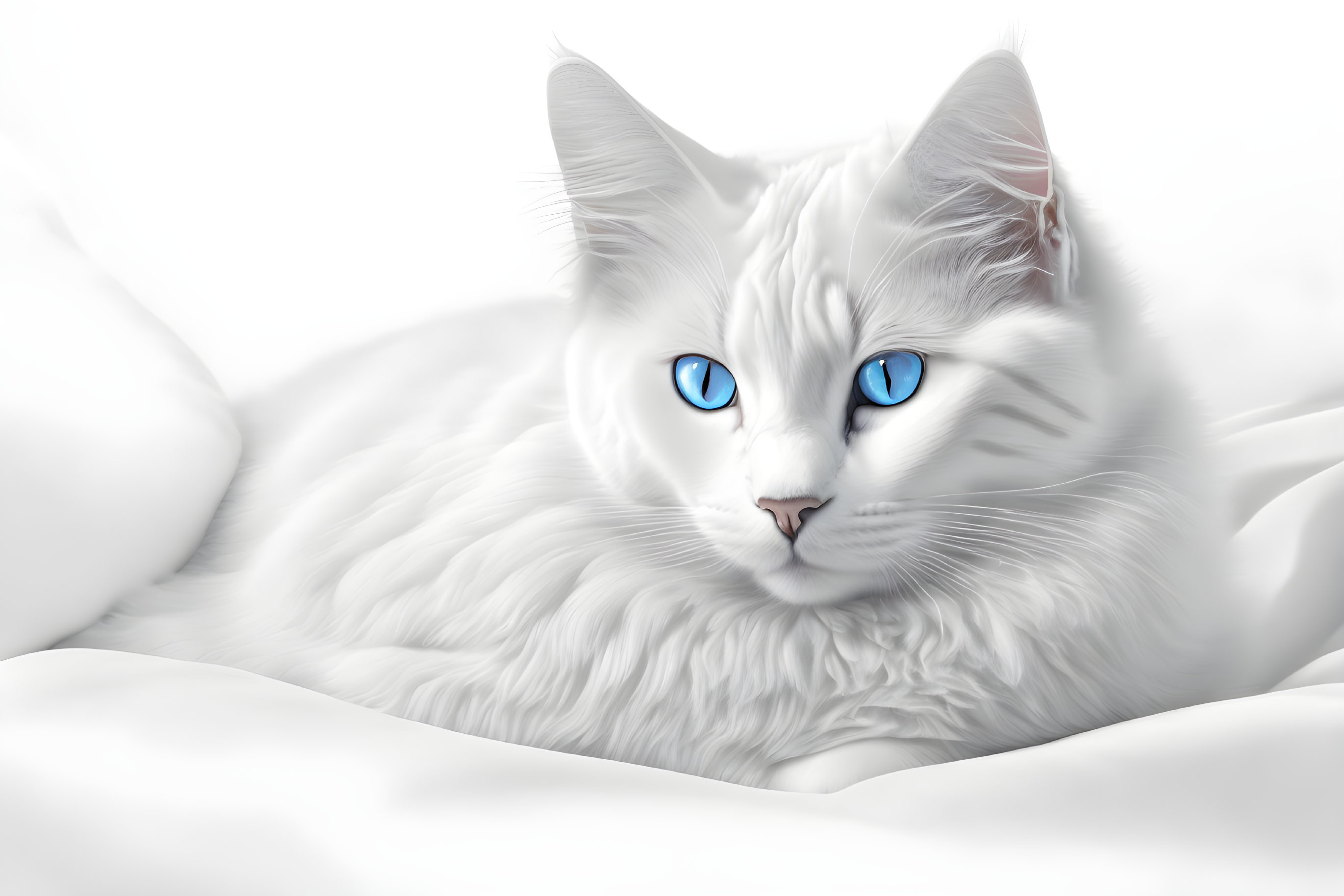 Fluffy white cat with blue eyes on soft white surface