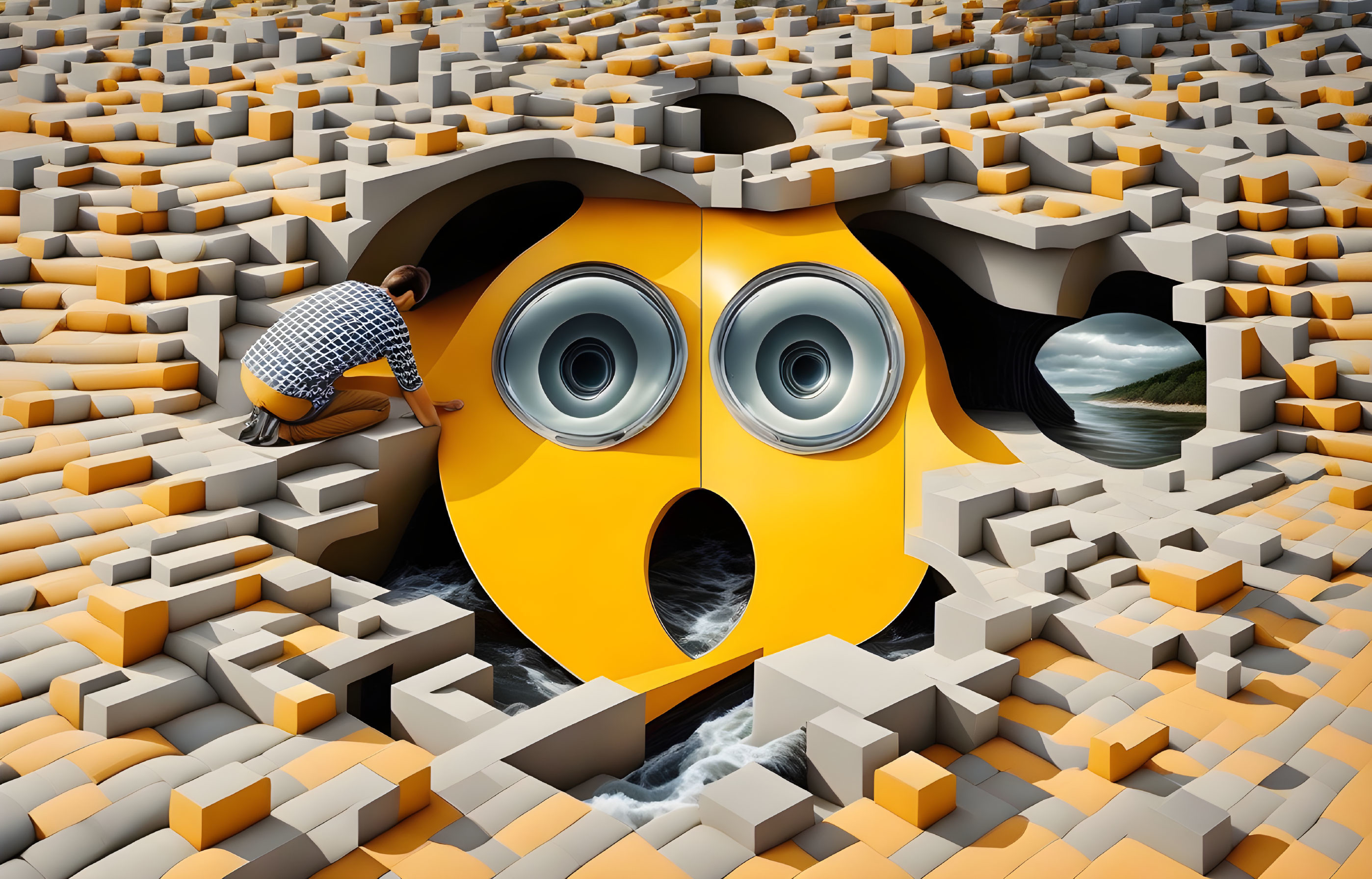 Person climbing surreal maze-like structure with shocked emoji face