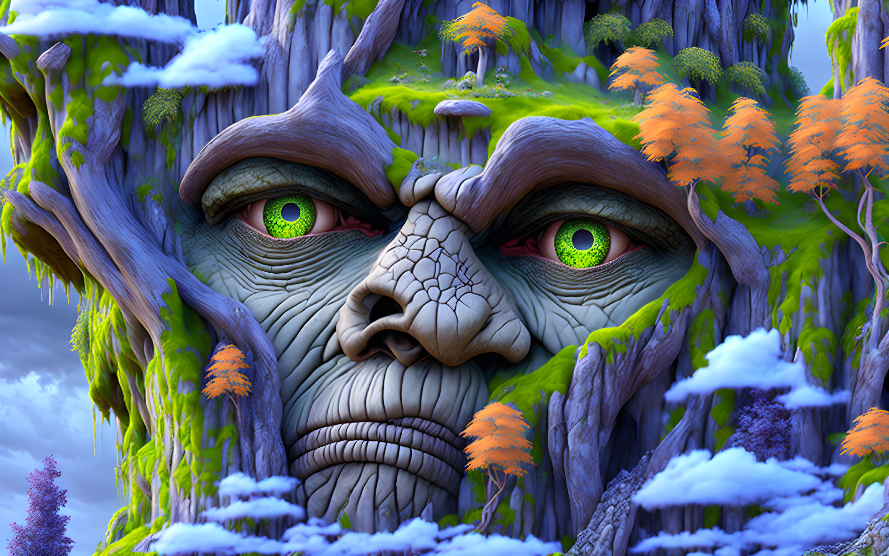 Detailed illustration of ancient tree with human-like face, green eyes, surrounded by trees, moss, and