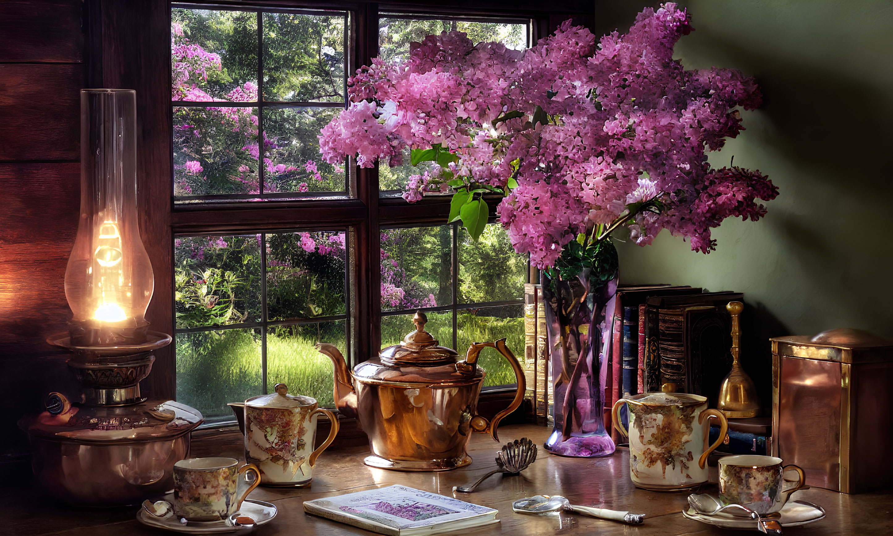 Vintage interior with oil lamp, copper tea set, books, pink blossoms, and garden view.