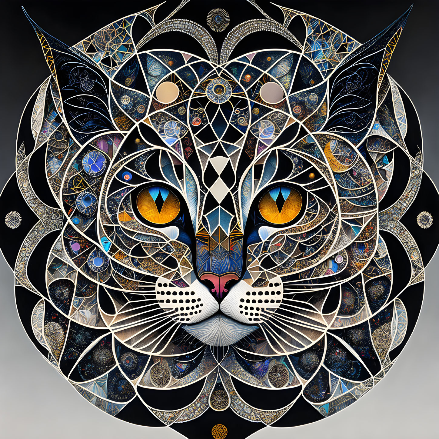 Symmetrical Cat Face Illustration with Cosmic Motifs