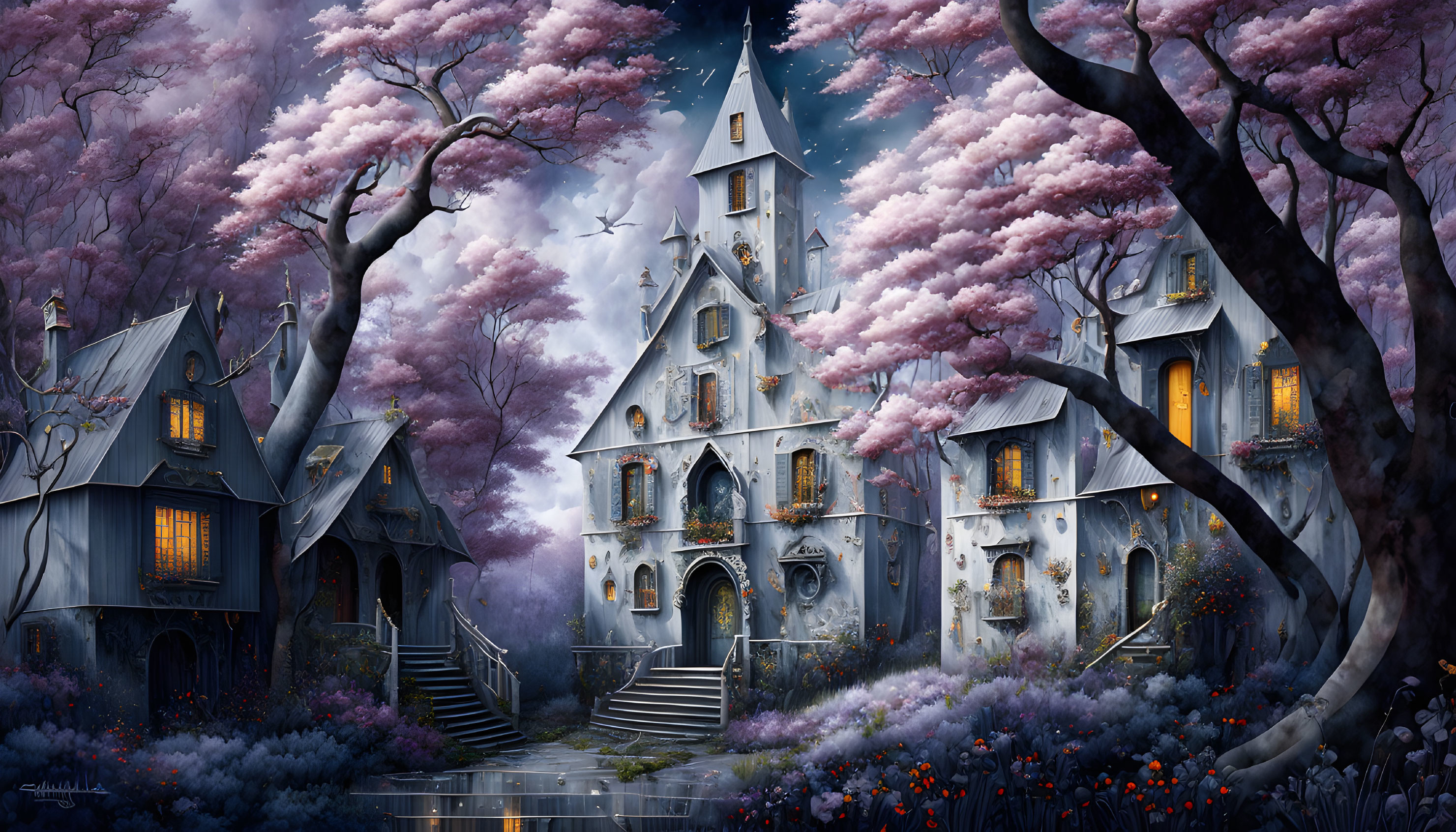 Mystical village with quaint houses, grand central building, and pink blossoming trees at twilight