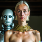 Portrait of Woman with White Hair and Cybernetic Enhancements in Gold Necklace