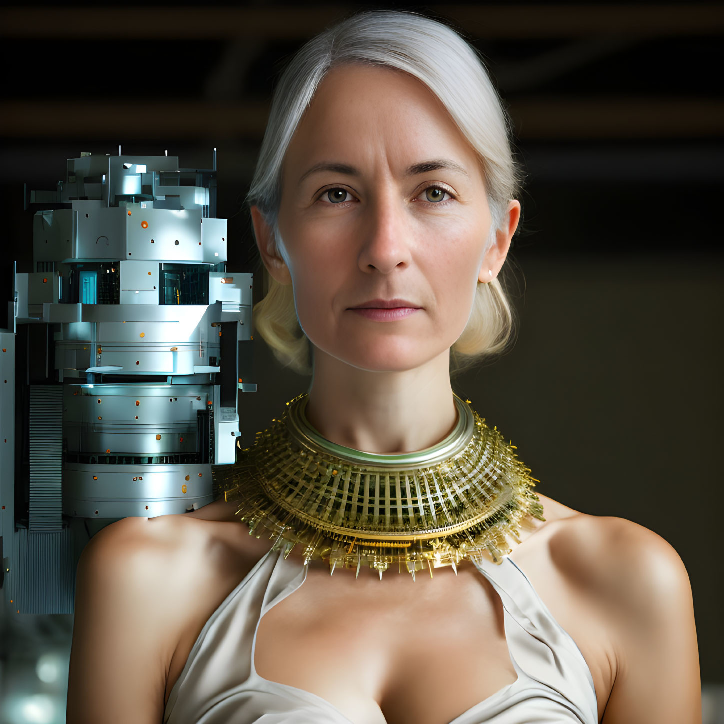 Portrait of Woman with White Hair and Cybernetic Enhancements in Gold Necklace