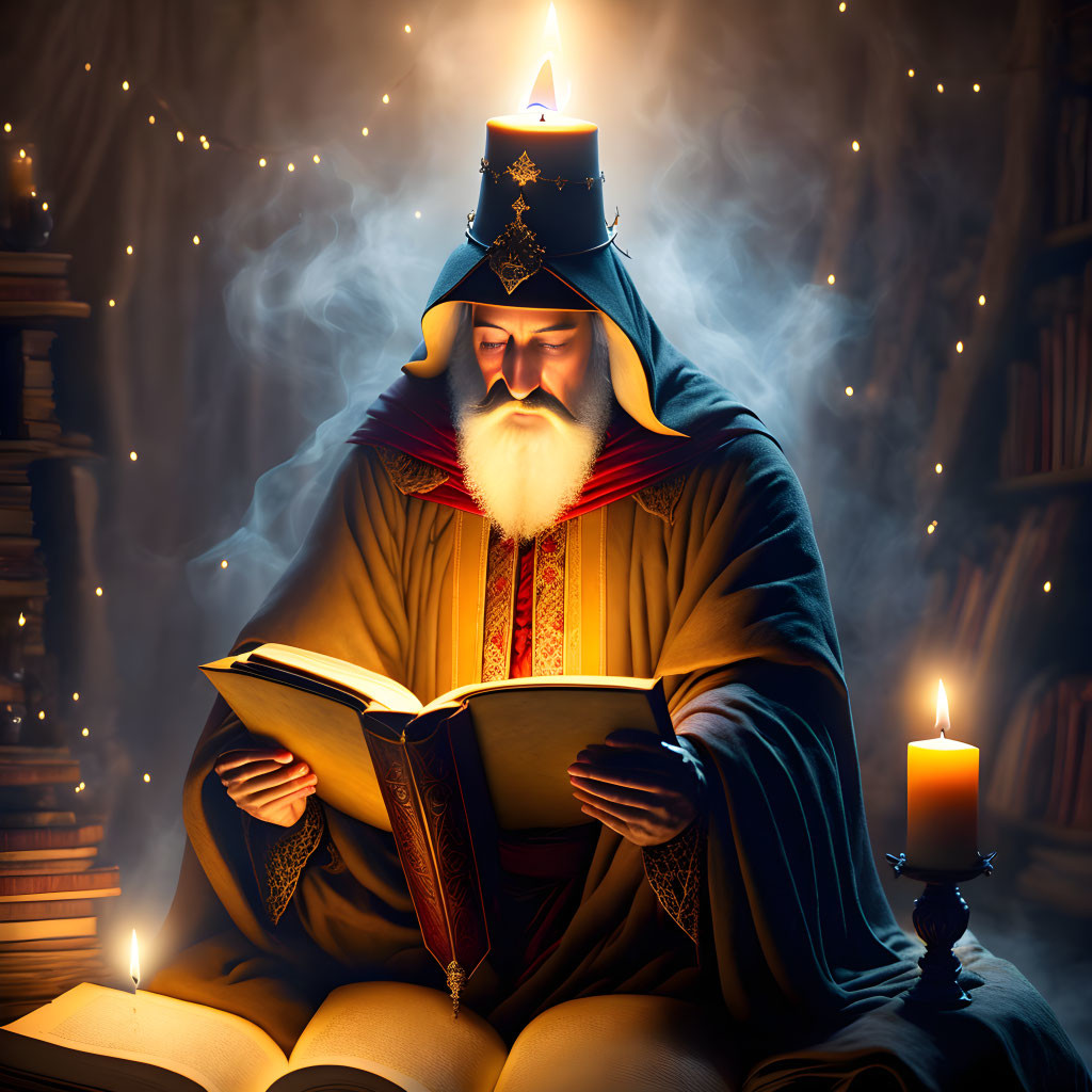 Wizard in Blue Hat Reading Magical Book in Candlelit Room