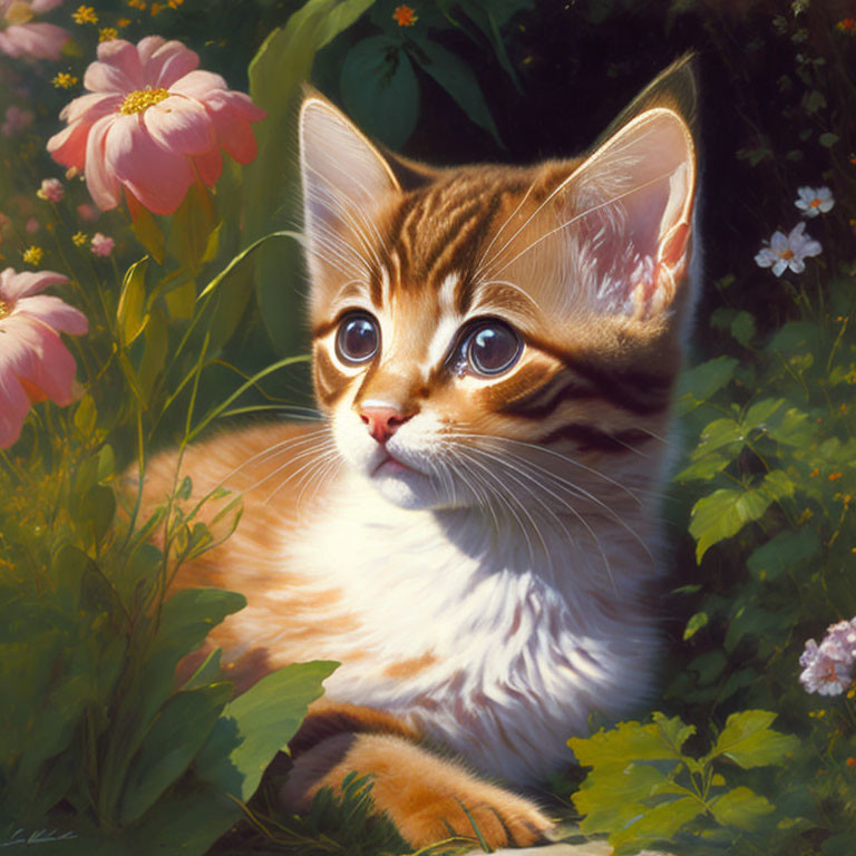 Adorable kitten with stripes in pink flowers and sunlight filter.