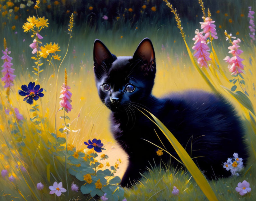 Black kitten with blue eyes in vibrant field with wildflowers and luminous glow