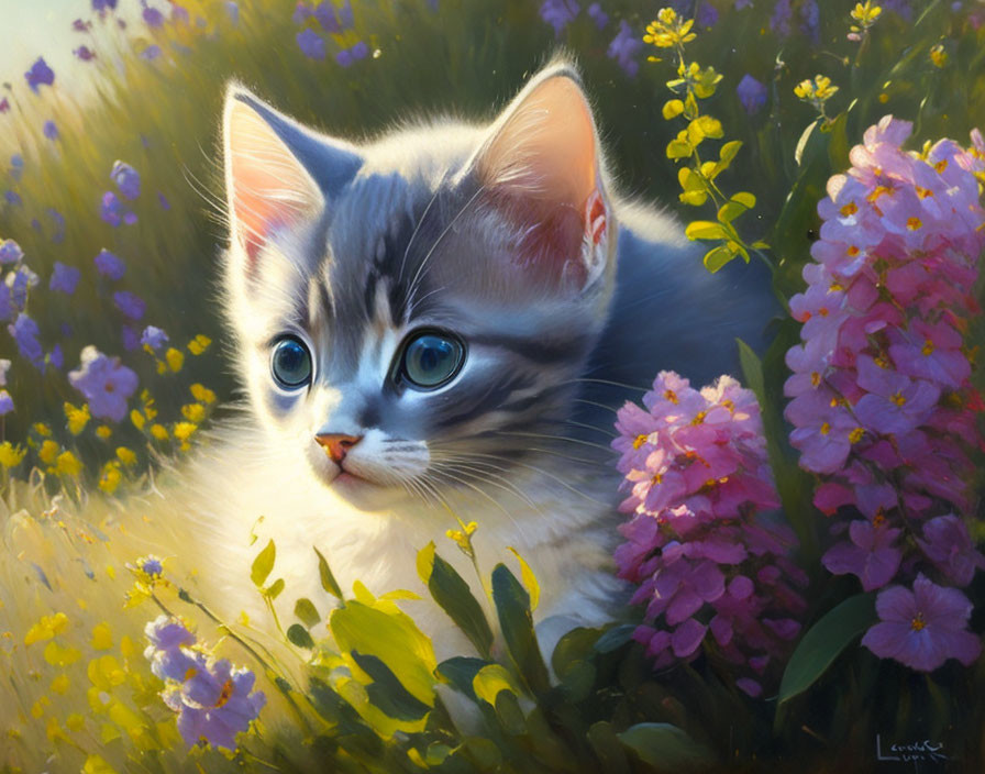 Fluffy Gray and White Kitten with Blue Eyes in Sunlit Field