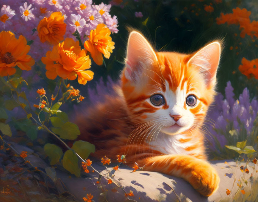 Orange Tabby Kitten Surrounded by Orange and Purple Flowers