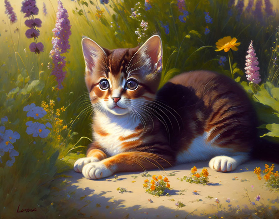 Brown and White Kitten with Blue Eyes in Sunlit Garden