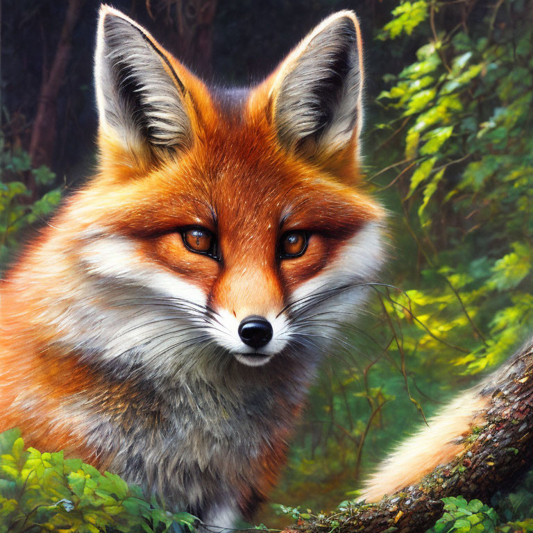 Detailed painting of red fox on tree branch in lush forest