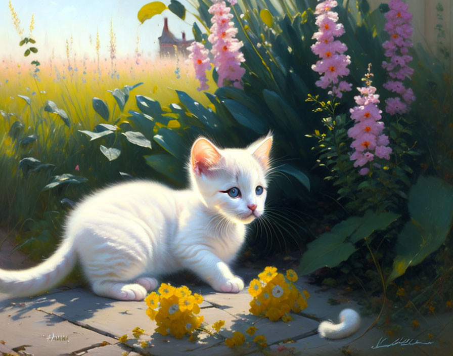 White Kitten with Black Markings Exploring Garden Path in Sunlight