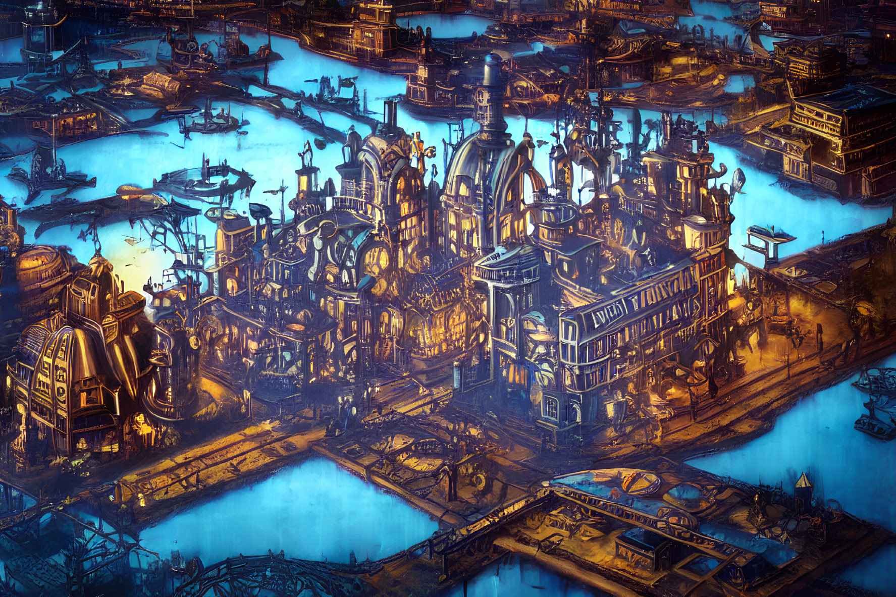 Detailed Steampunk Cityscape at Dusk with Blue Tones