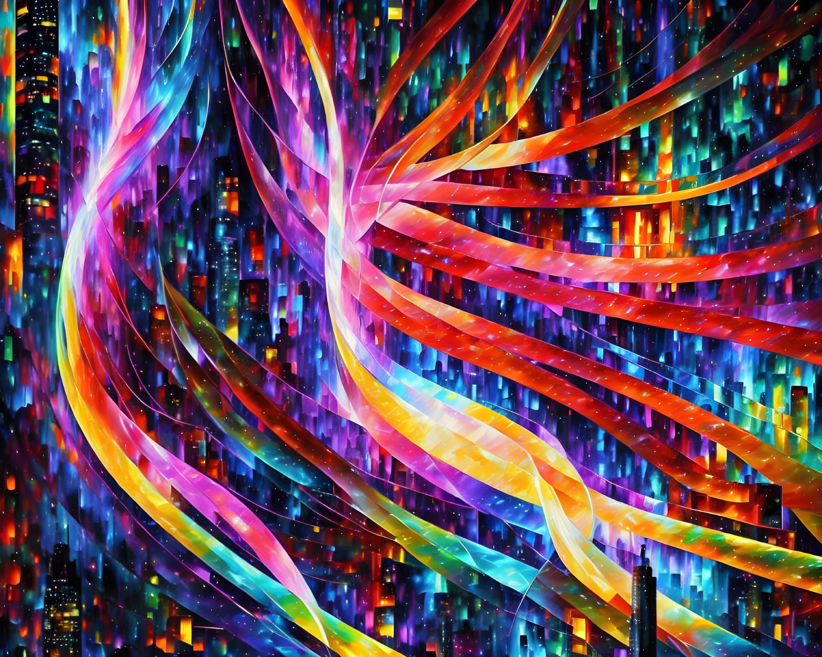 Colorful Abstract Swirls Against Neon-lit Skyscraper Background