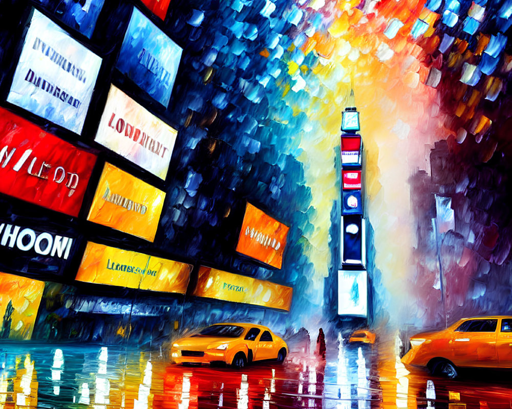 Colorful cityscape painting with billboards, tower, wet ground, and taxis