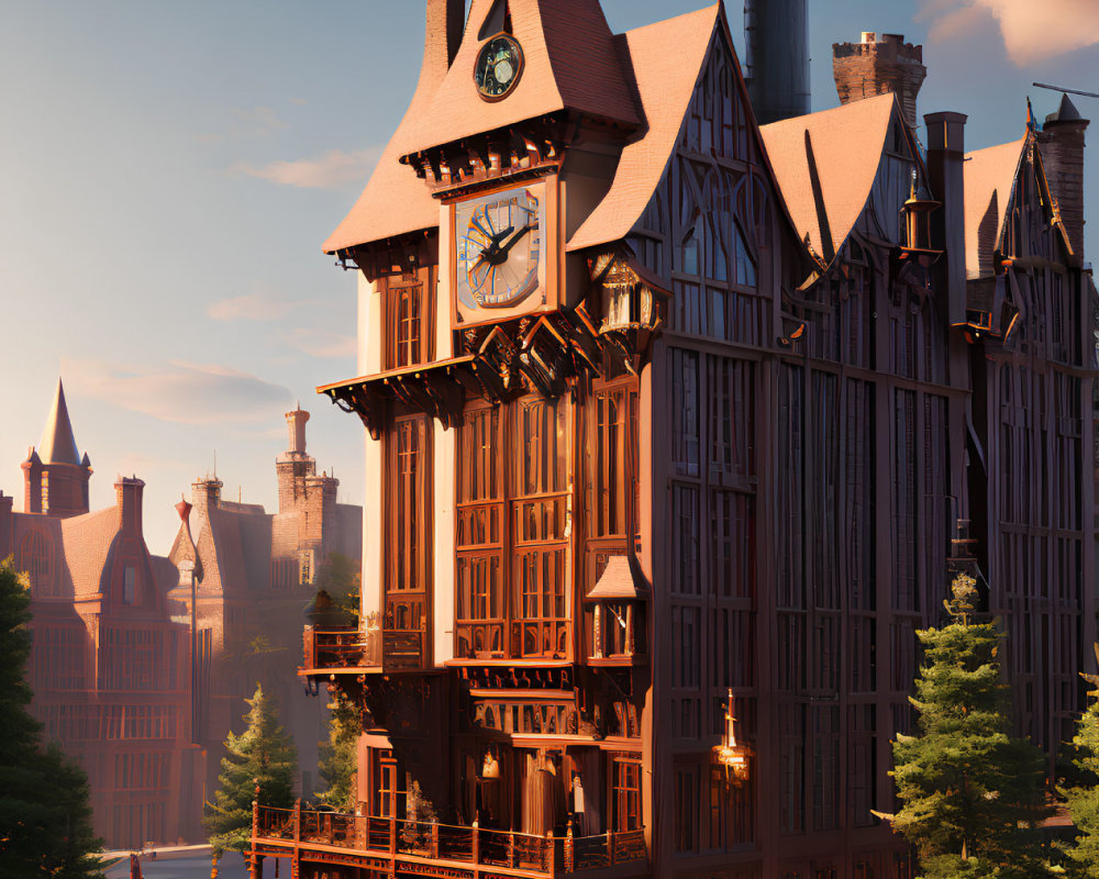 Wooden clock tower in serene street at sunset with conifer trees and quaint buildings