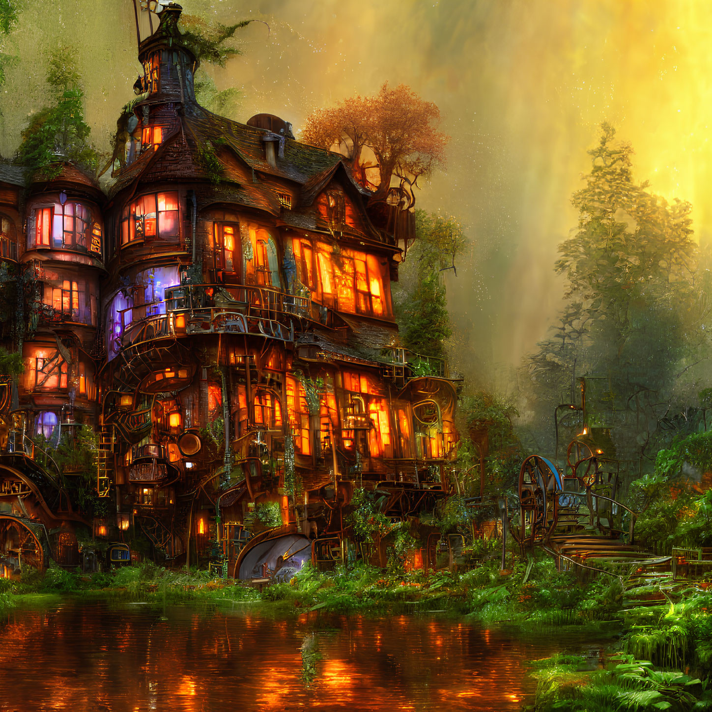 Steampunk house with gears and waterwheel in lush forest