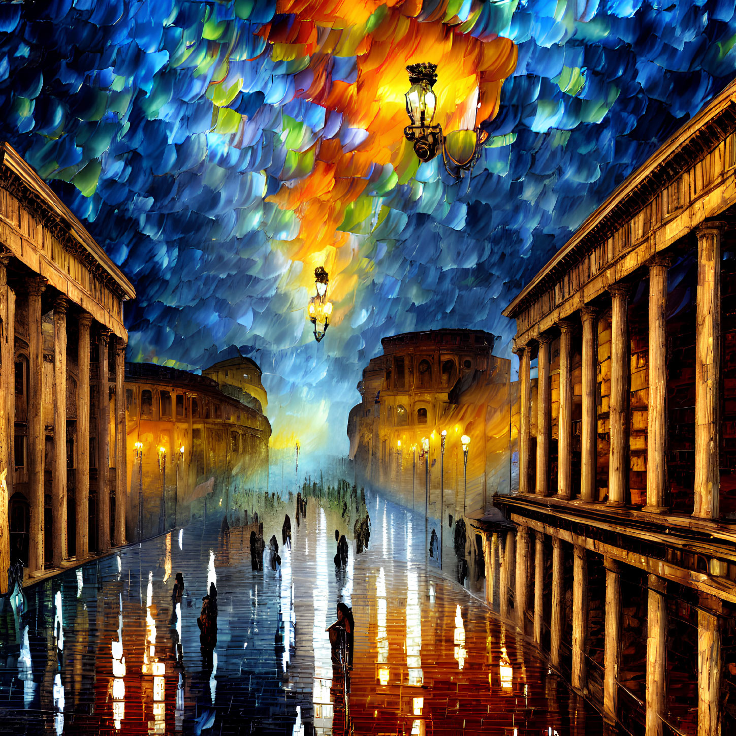 Vibrant Impressionist Painting of Rainy City Street