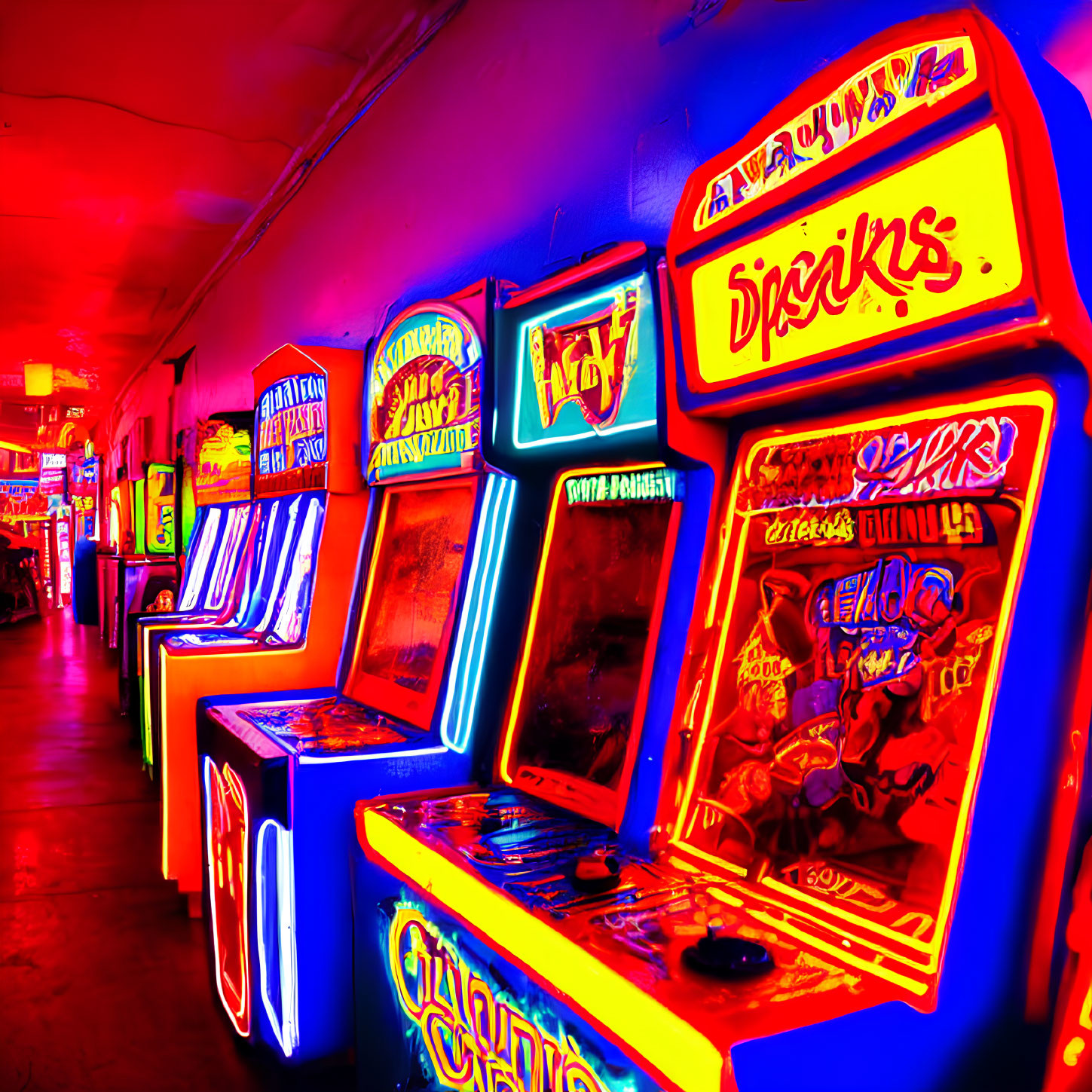 Vibrant neon-lit arcade with rows of retro gaming cabinets