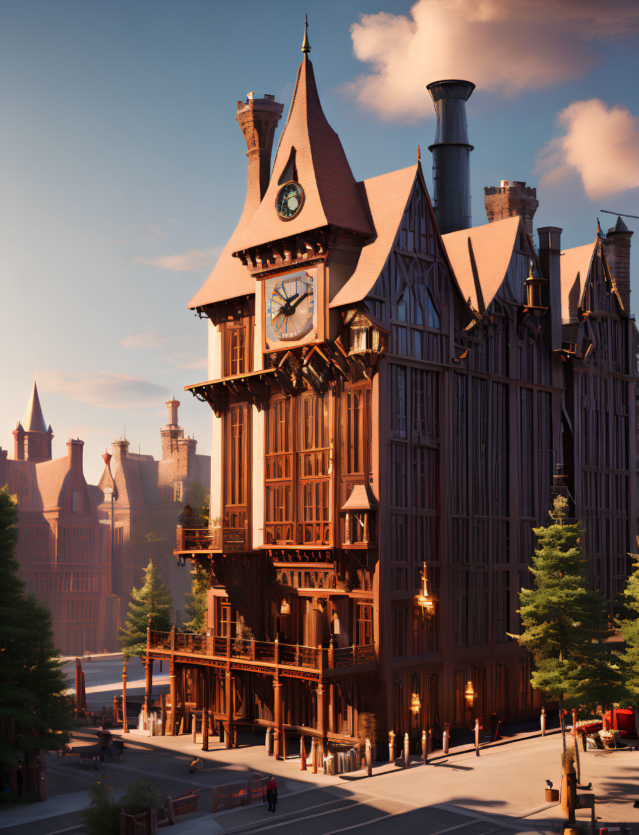 Wooden clock tower in serene street at sunset with conifer trees and quaint buildings