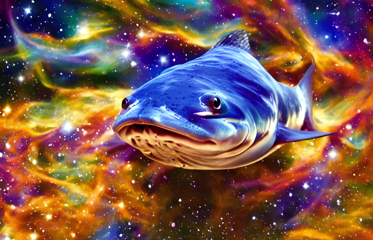 Digitally manipulated shark on vibrant cosmic background