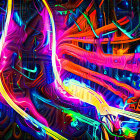 Colorful Abstract Swirls Against Neon-lit Skyscraper Background