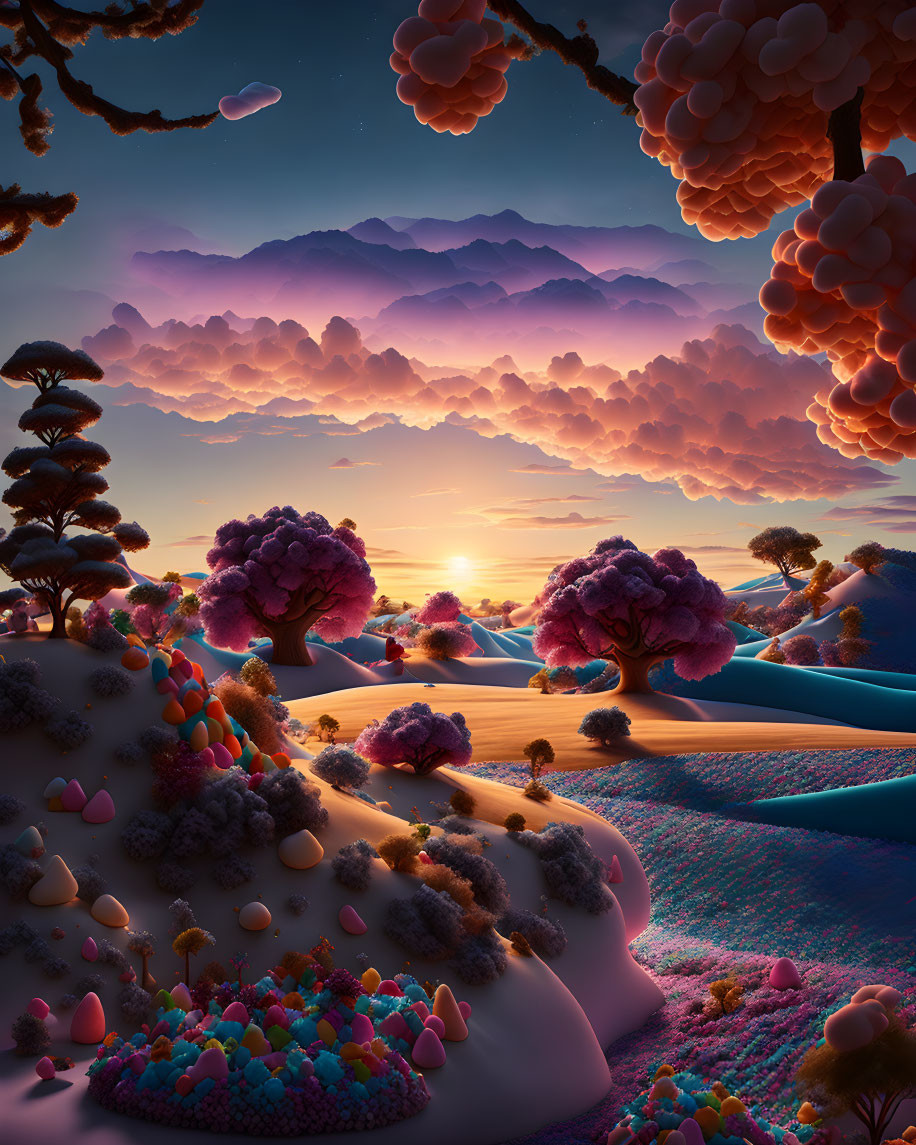 Colorful Fluffy Trees and River in Surreal Sunset Landscape