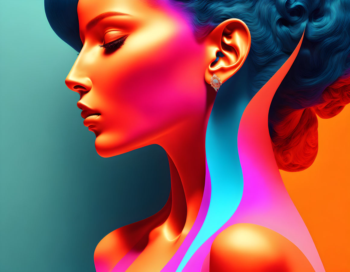 Colorful Neon Glow Portrait of Woman with Blue Hair