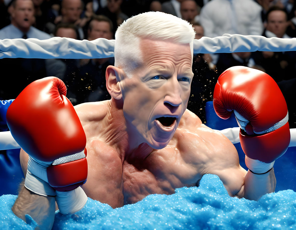 Muscular person with boxing gloves in water with crowd.