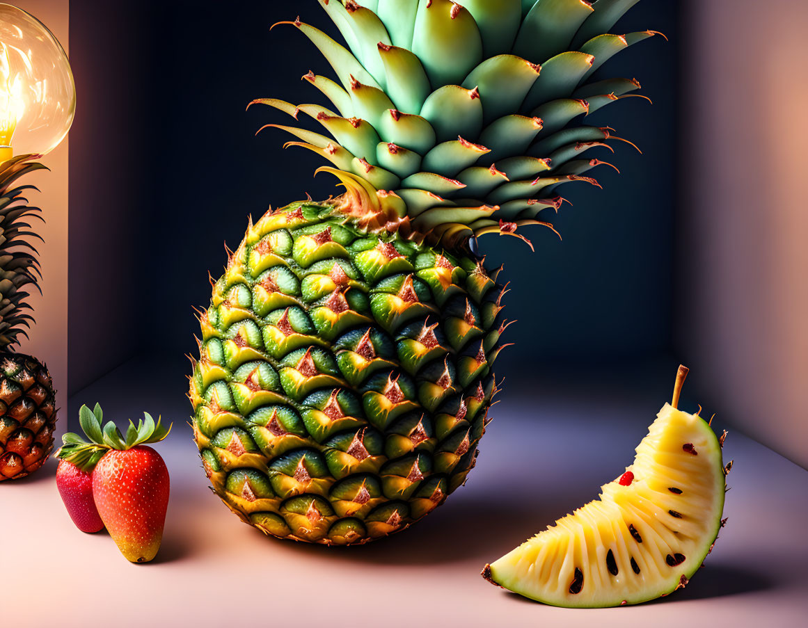 Ripe pineapple with sliced fruit under warm light