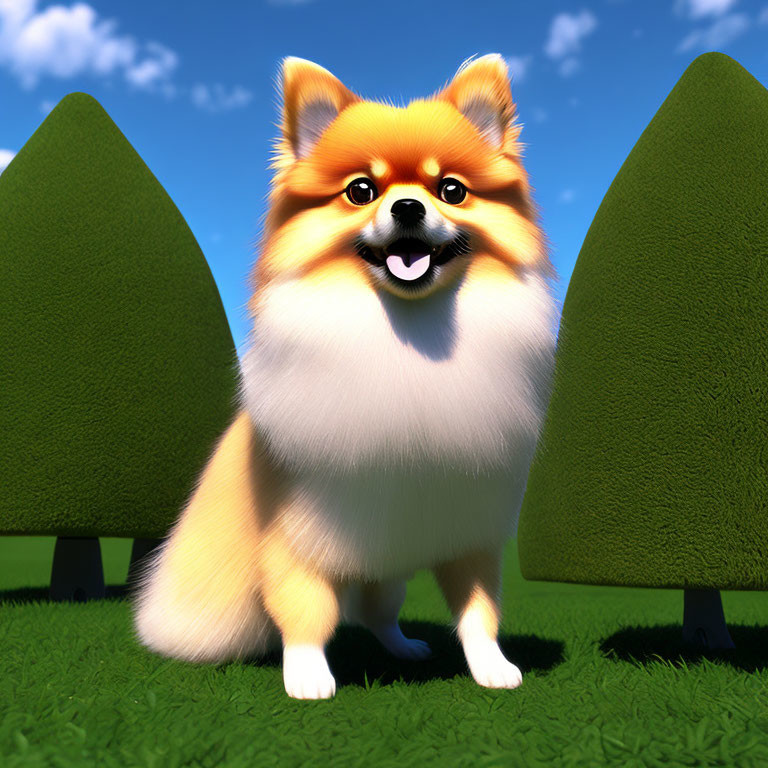 Cartoon Pomeranian Dog in Sunlit Grass with Trees