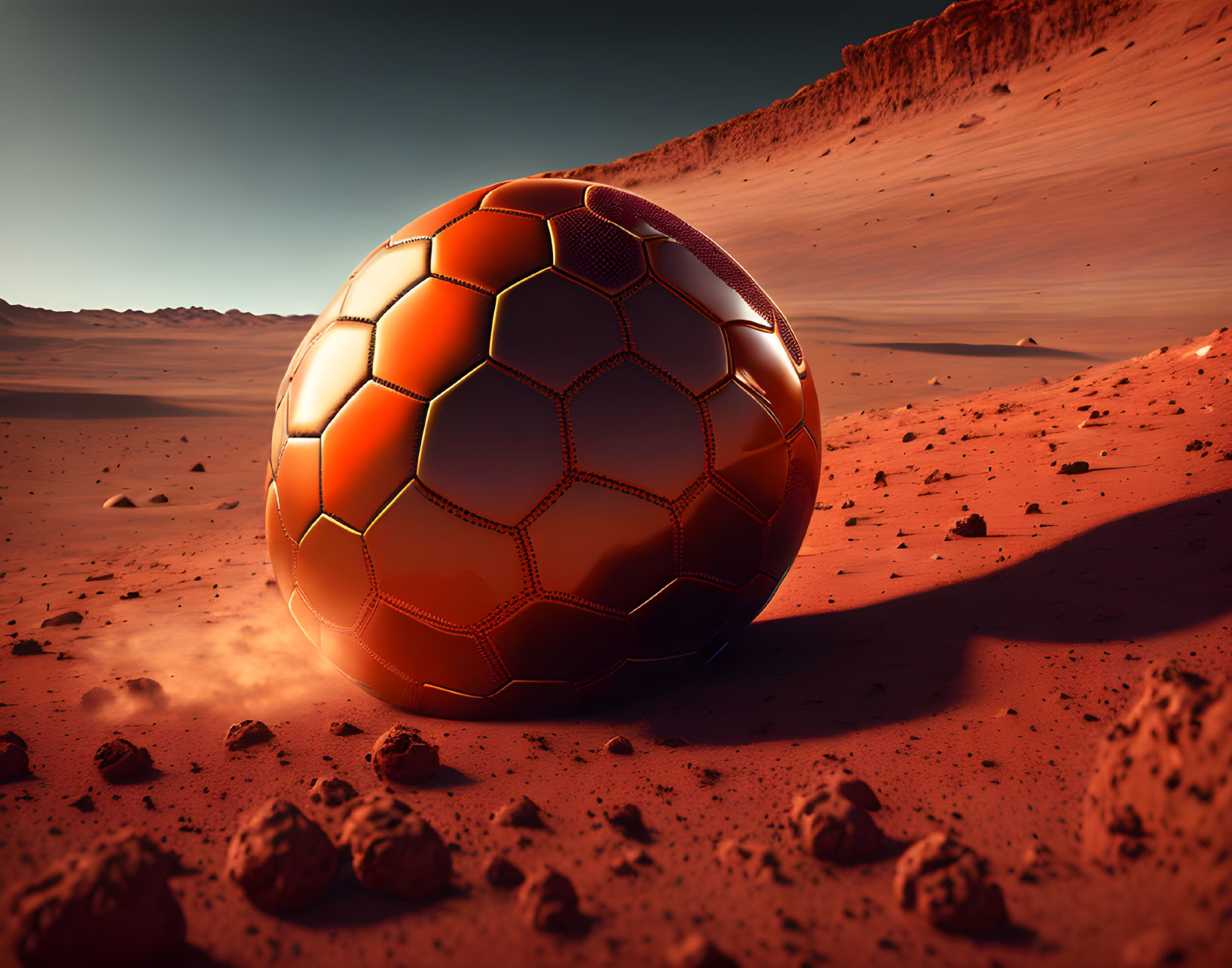 Orange Glossy Hexagon-Patterned Sphere on Martian-Like Desert Landscape