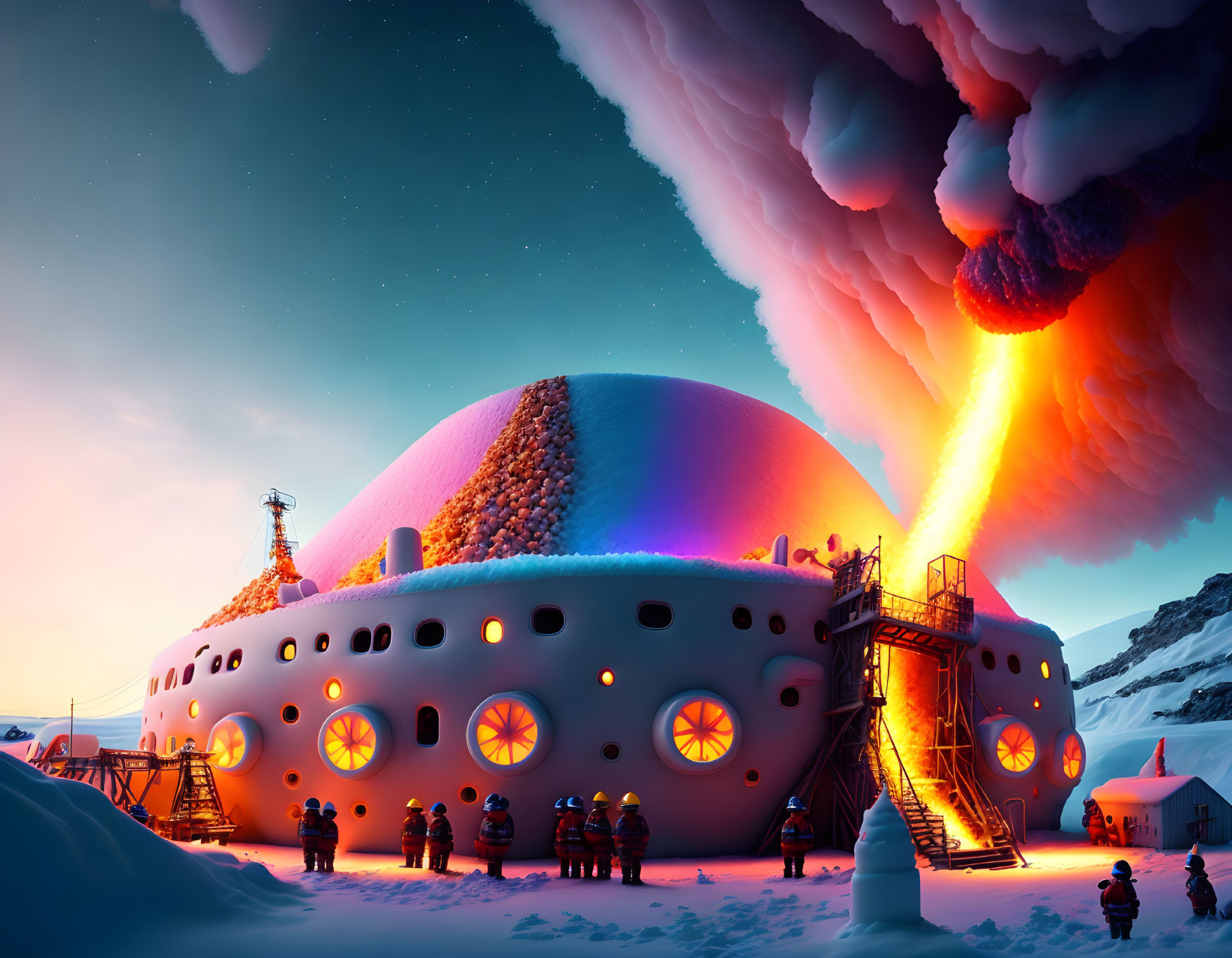 Futuristic dome scene with people watching eruption under colorful sky