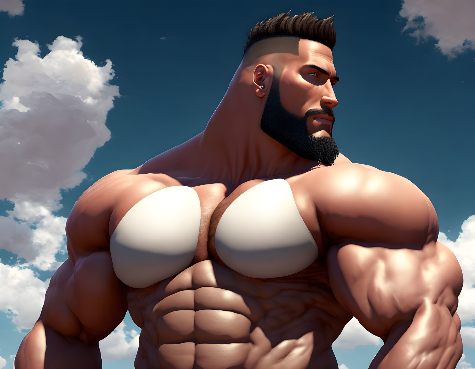 Muscular animated character with beard and modern hairstyle against cloudy sky.