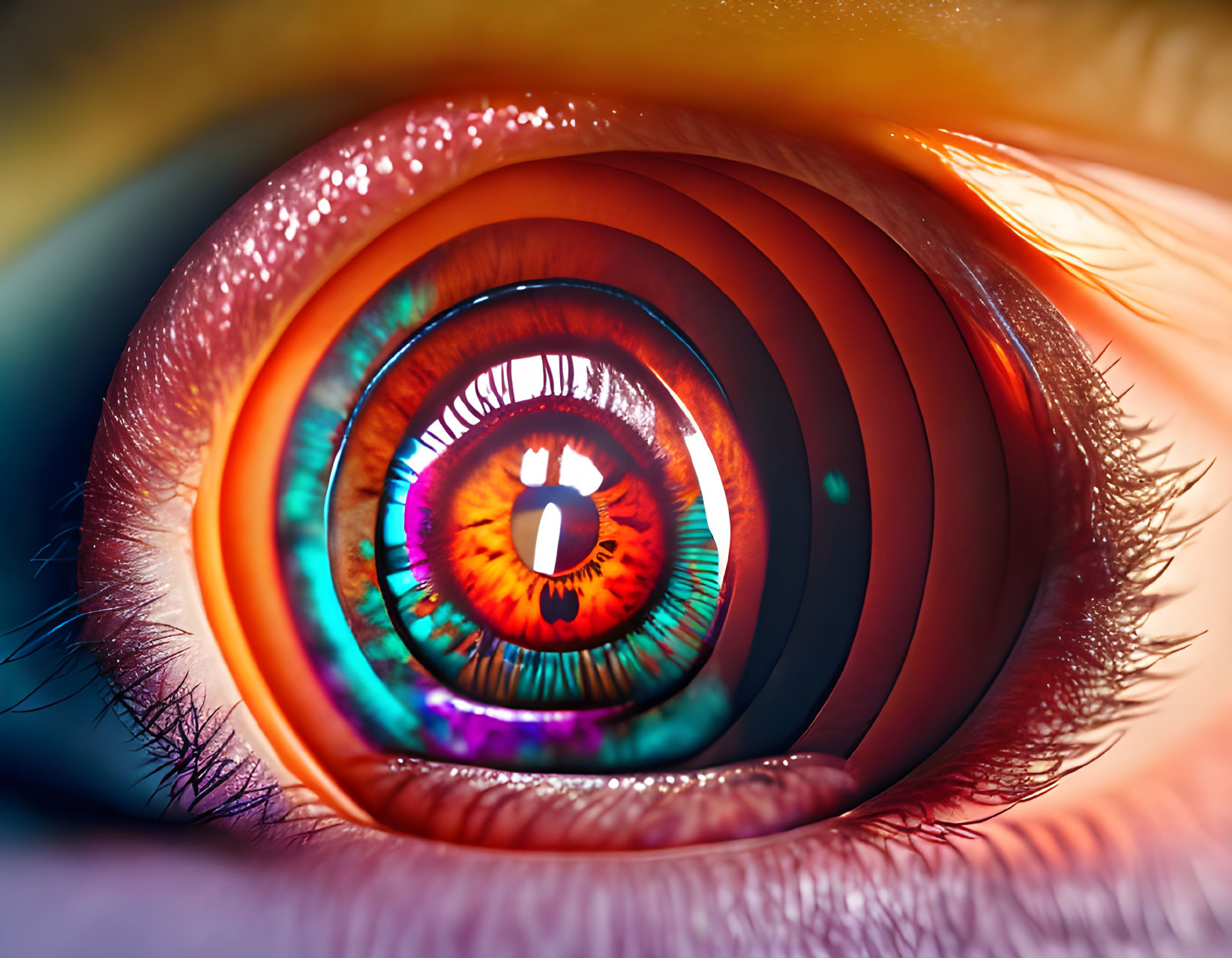 Detailed close-up of human eye with dilated pupil and multicolored iris, set against vibrant background