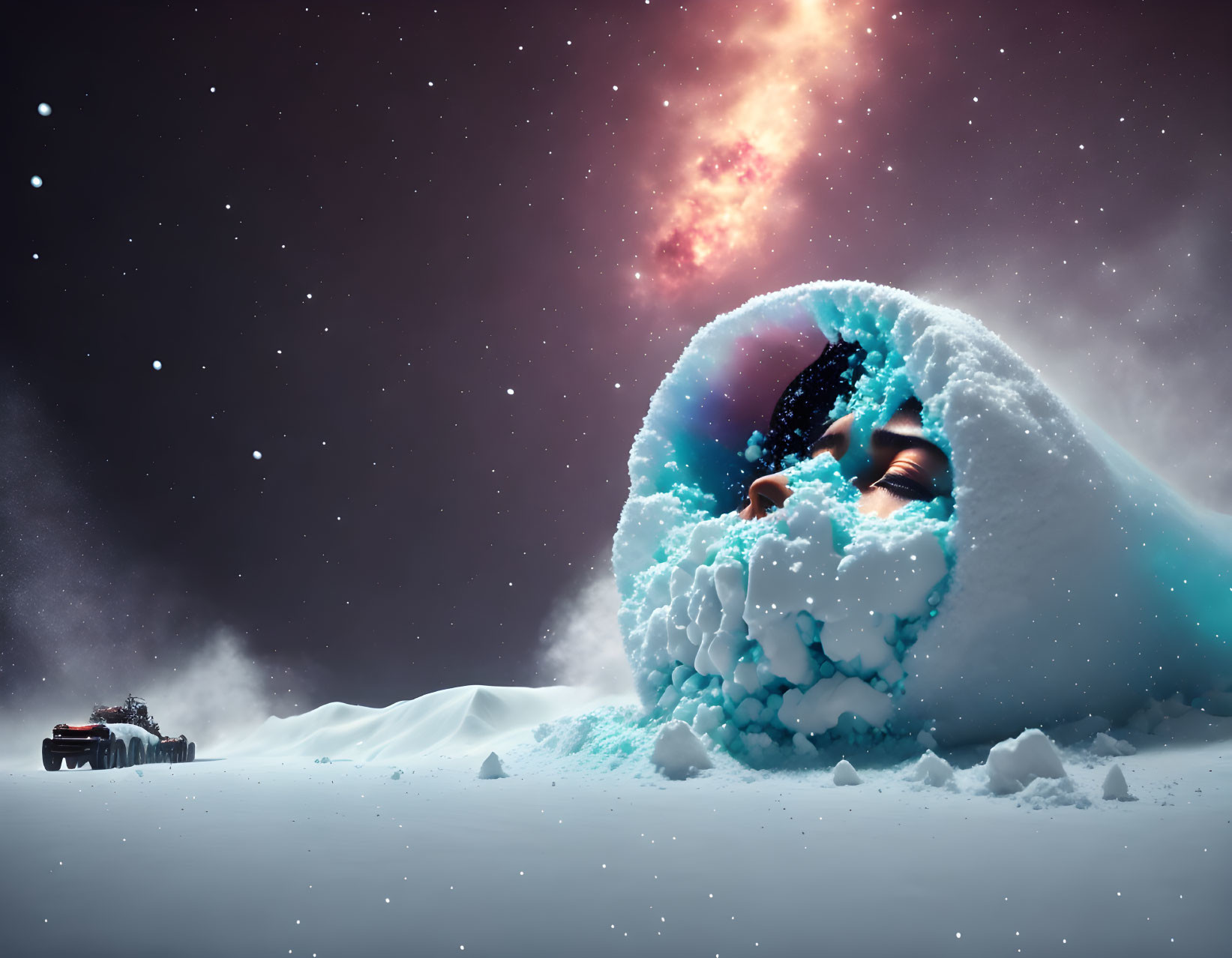 Futuristic snow globe with cityscape half-buried in snow at night