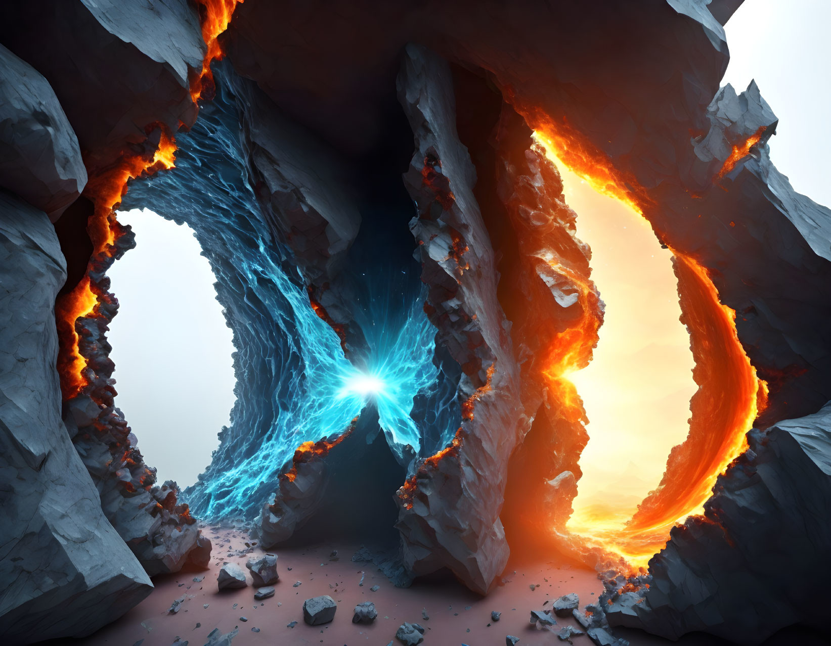 Fantastical cavern with glowing lava edges and radiant blue light source