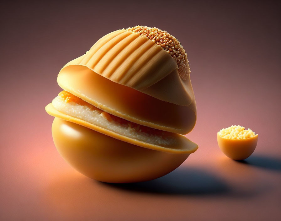 Digital artwork: Burger with seashell buns, cheese, and patty on gradient background