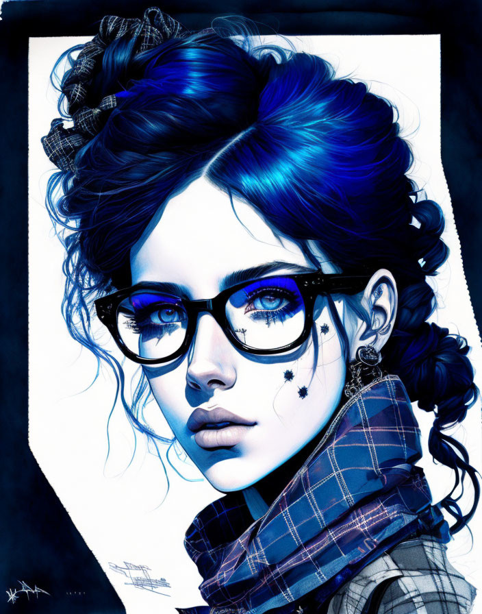 Vibrant blue-haired woman with star tattoo and glasses in plaid attire