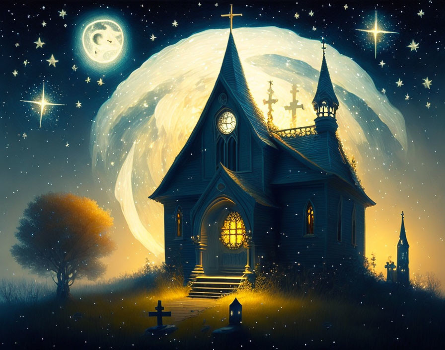 Illuminated Gothic church at night with full moon and stars, graves, solitary tree