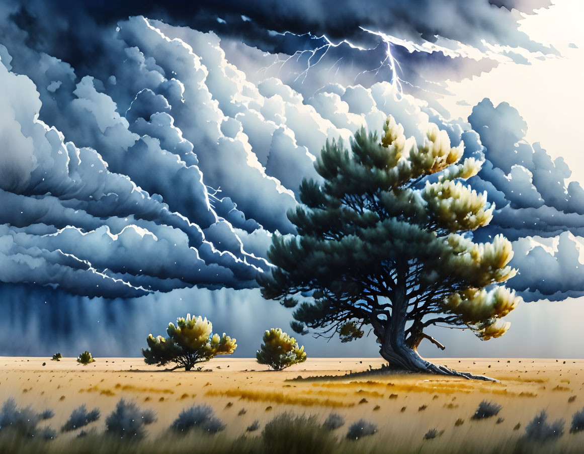 Dramatic landscape with large tree and stormy sky lightning