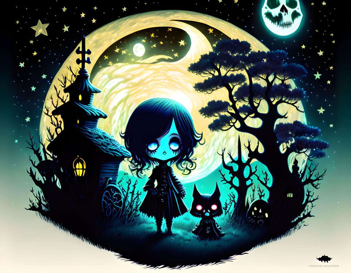 Gothic-inspired illustration of stylized blue-skinned girl, black cat, spooky trees, witch