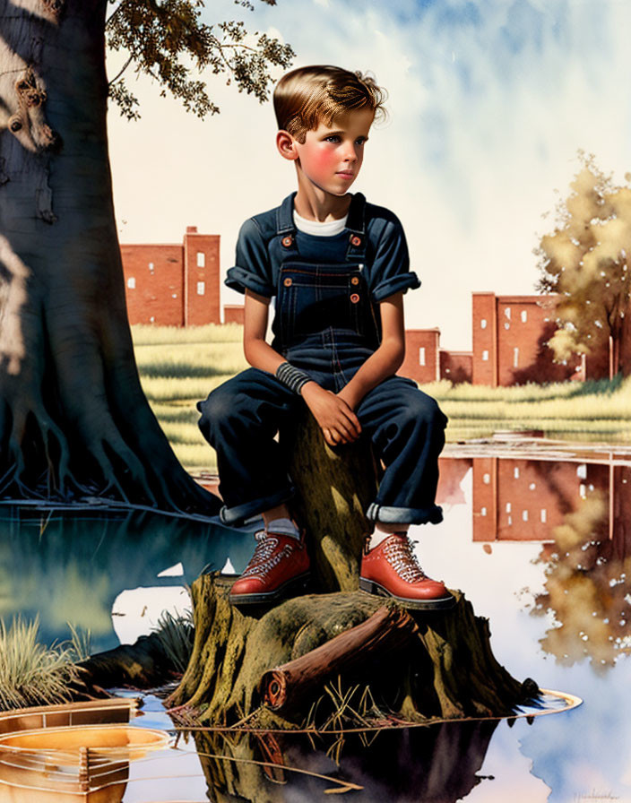 Young boy in overalls with remote-controlled boat near water and brick buildings