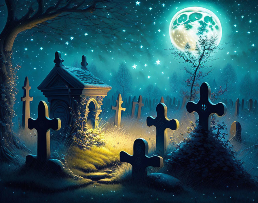 Moonlit cemetery with ornate tombstones and small chapel under starry sky