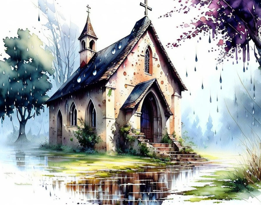 Tranquil watercolor painting of a church surrounded by trees and violet petals