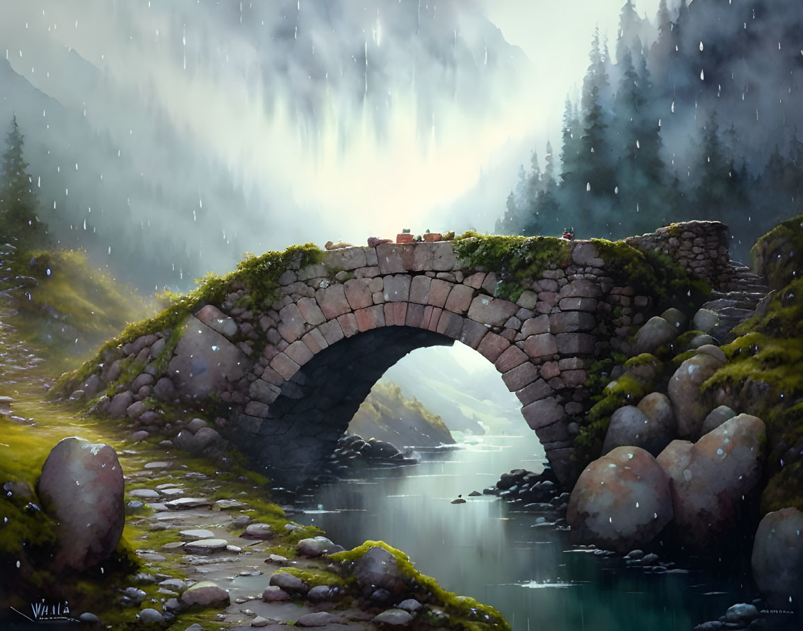 Tranquil landscape: old stone bridge, calm river, misty mountains, subtle rain