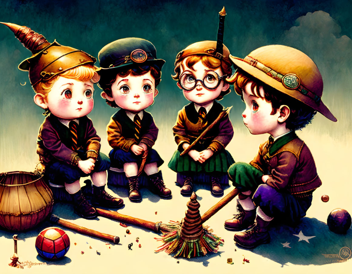 Four stylized children in vintage wizard attire with hats and wands beside magical orbs and a broom