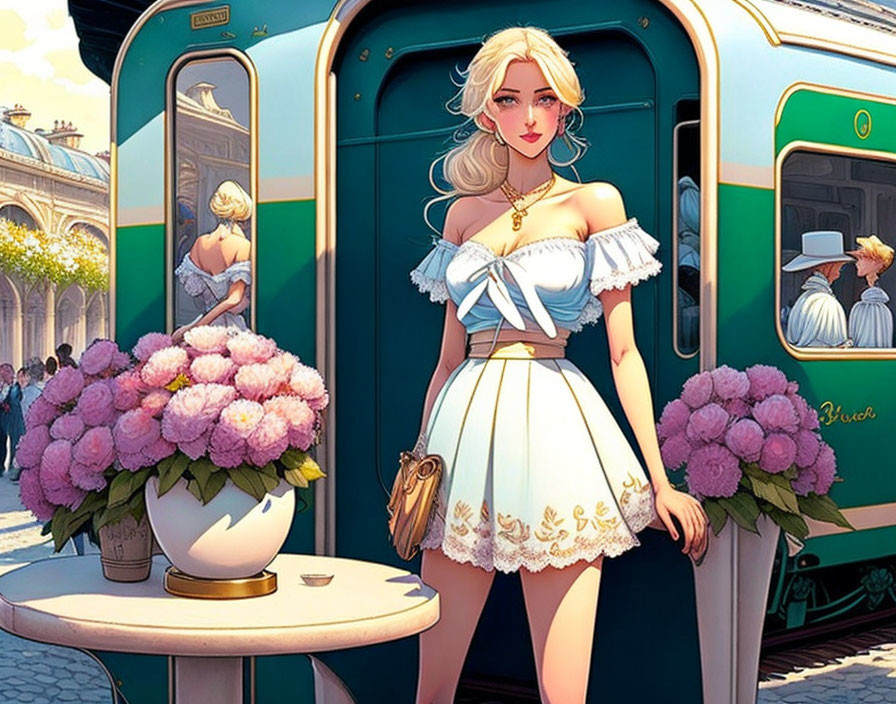 Blonde woman by open train door in city setting with flowers