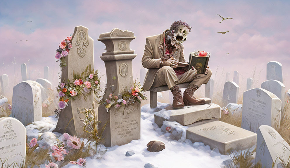 Skeleton in Suit Reading Book on Gravestone Among Flowers and Tombstones under Pastel Sky with Birds