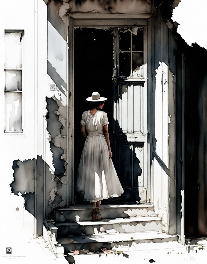 Woman in white dress and hat in burned-out building doorway, watercolor style